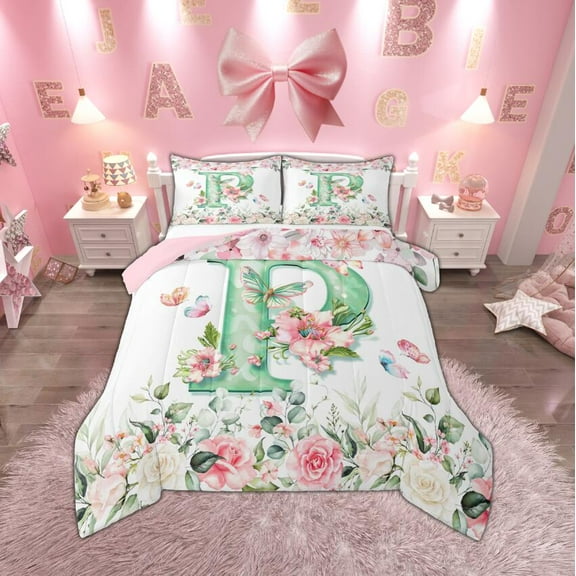 Manfei Girls Monogrammed Letter P Full Size Comforter Sets, Chic Floral Bedding Comforter Set, Cute Butterfly Bedding Sets, Super Cozy Bedroom Decor, Reversible 3pcs