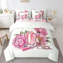 Manfei Girls Perfume 7-Piece Twin Bedding Sets,Women High Heels Bedding Comforter Set,Romantic Pink Flower Sheet Sets For Teens,Luxury Bedroom Decor Reversible