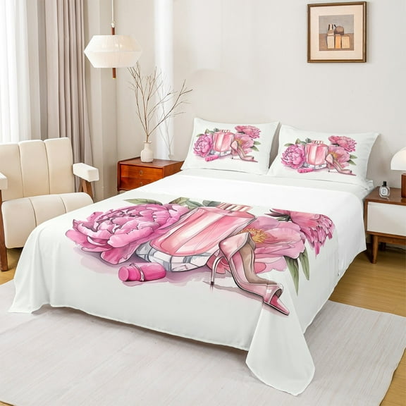 Manfei Girls Perfume Twin Sheet Sets,Women High Heels Twin Fitted Sheet,Romantic Pink Flower Flat Sheet For Teens,Luxury Bedroom Decor,3 Pieces