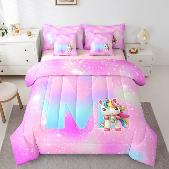 Manfei Girls Personalized Gifts 7-Piece Twin Bedding Sets,Gradient Latter M Bedding Comforter Set,Lovely Unicorn Sheet Sets For Princess,Lightweight Room Decoration Reversible