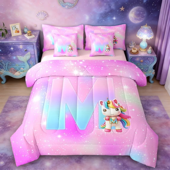 Manfei Girls Personalized Gifts 7-Piece Twin Bedding Sets,Gradient Latter M Bedding Comforter Set,Lovely Unicorn Sheet Sets For Princess,Lightweight Room Decoration Reversible