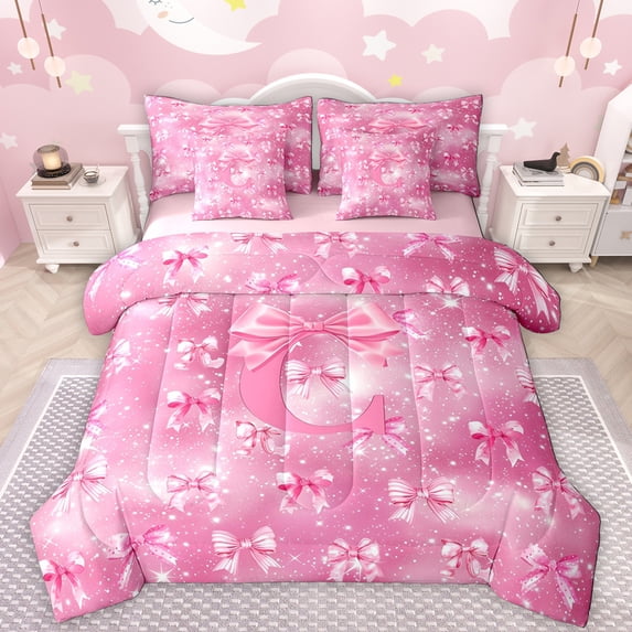 Manfei Girls Personalized Gifts 7 Pieces Bedding Comforter Set,Pink Letter C Full Bedding Set,Chic Bow Knot Ribbon Fitted Sheet Flat Sheet For Princess,Lightweight Room Decoration Reversible