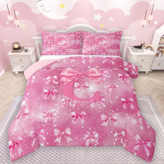 Manfei Girls Personalized Gifts Queen Comforter Set,Pink Letter C Bedding Sets,Chic Bow Knot Ribbon Bedding Comforter Set For Princess,Lightweight Room Decoration Reversible,3pcs