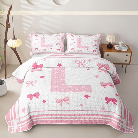Manfei Girls Personalized Initial L Twin Quilt Set,Teens Cartoon Ribbon Bow Twin Coverlet Set