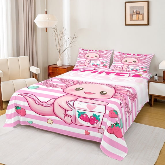 Manfei Girls Pink Bed Sheets 4pcs, Cute Axolotl King Sheets, Strawberry Stripe Sheet Set, Luxury Bedroom Decor