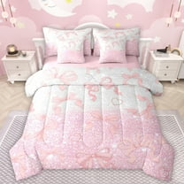 Manfei Girls Pink Bowknot 7-Piece Twin Bedding Sets,Cartoon Bow Tie Bedding Comforter Set,Princess Bowtie Ribbon Sheet Sets For Kids,Ultra Soft Home Decor Reversible