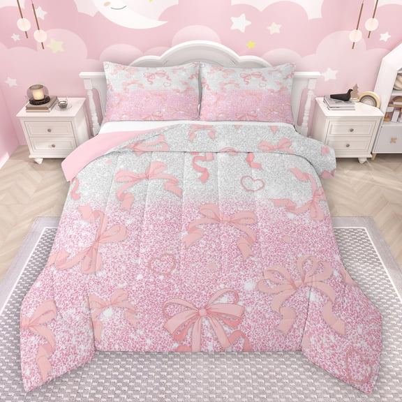 Manfei Girls Pink Bowknot Bedding Comforter Set,Cartoon Bow Tie Twin Comforter Sets,Princess Bowtie Ribbon Bedding Set For Kids,Ultra Soft Home Decor Reversible,2-Piece