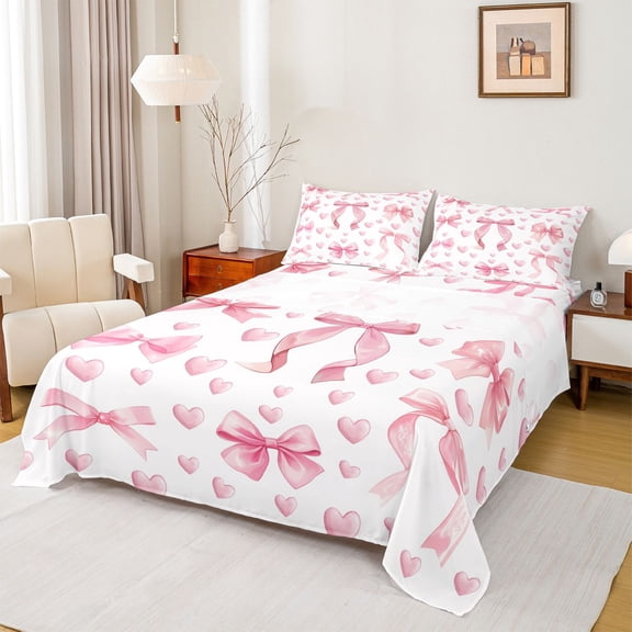 Manfei Girls Pink Bowknot Twin Sheet Sets 3pcs,Love Heart Print Twin Fitted Sheet Microfiber,Dreamy Princess Breathable Flat Sheet,Microfiber Bedroom Decor