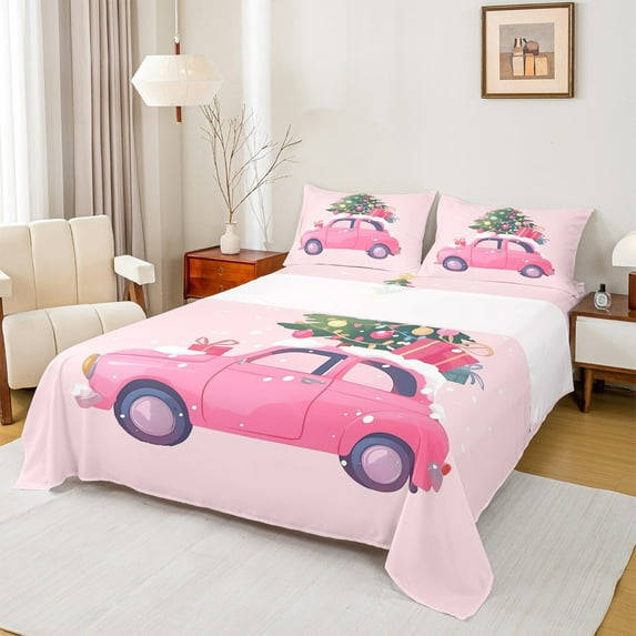 Manfei Girls Pink Car Twin Sheet Sets,Merry Xmas Twin Fitted Sheet,Chic Christmas Tree Gifts Flat Sheet For Kids,Microfiber Bedroom Decor,3 Pieces