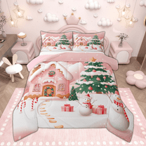Manfei Girls Pink Christmas Bedding Comforter Set, Gingerbread House Snowman Twin Comforter Sets, Xmas Tree Sled Bedding Set, Breathable Home Decor, Reversible 2pcs