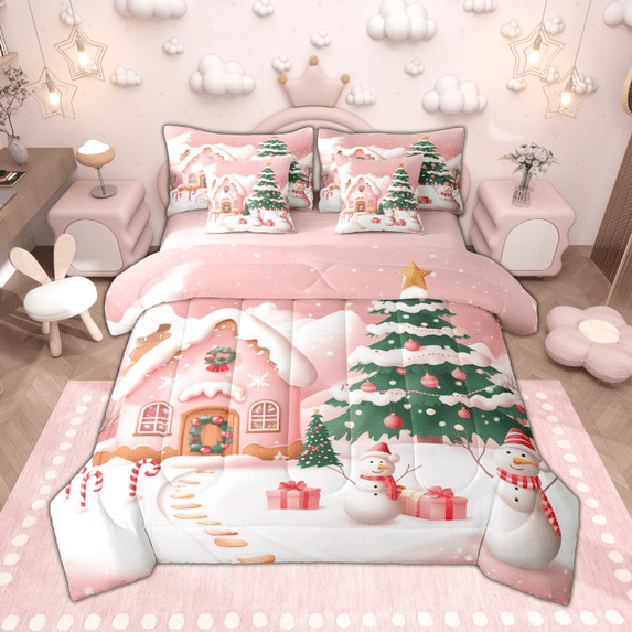 Manfei Girls Pink Christmas Twin Bedding Sets 7 Pieces, Gingerbread House Snowman Bedding Comforter Set, Xmas Tree Sled Sheet Sets, Breathable Home Decor