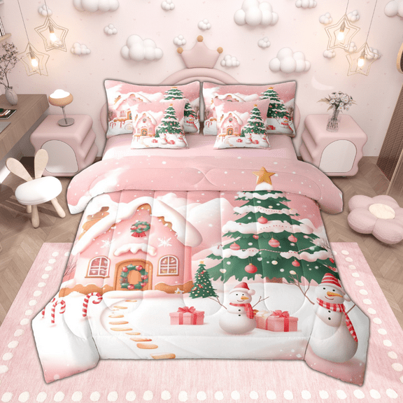 Manfei Girls Pink Christmas Twin Bedding Sets 7 Pieces, Gingerbread House Snowman Bedding Comforter Set, Xmas Tree Sled Sheet Sets, Breathable Home Decor
