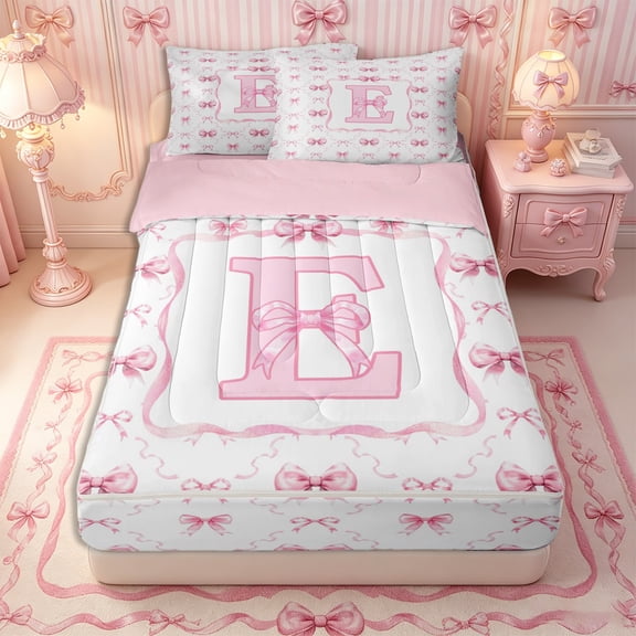 Manfei Girls Pink Initial E Zipper Twin Comforter Sets with Fitted Sheet and 2 Pillowcases,Kawaii Ribbon Bow Grid Zipper Bedding Set,4-Piece,Pink Reversible