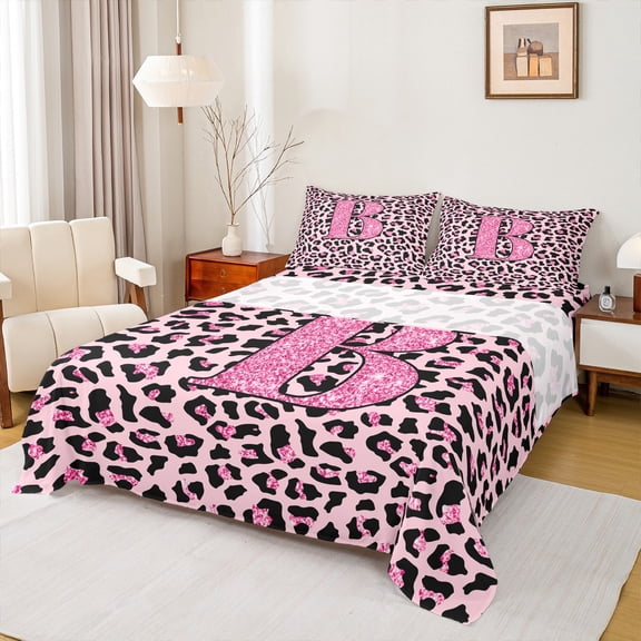 Manfei Girls Pink Leopard Print Bed Sheets 4pcs, Glitter Personalized Letter B King Sheets, Cheetah Print Monogrammed Sheet Set, Ultra Soft Home Decor