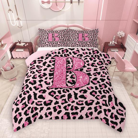 Manfei Girls Pink Leopard Print Bedding Comforter Set 2pcs, Glitter Personalized Letter B Twin Comforter Sets, Cheetah Print Monogrammed Bedding Set, Ultra Soft Home Decor
