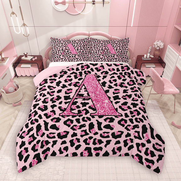 Manfei Girls Pink Leopard Print Bedding Comforter Set 2pcs, Glitter Personalized Letter A Twin Comforter Sets, Cheetah Print Monogrammed Bedding Set, Luxury Bedroom Decor