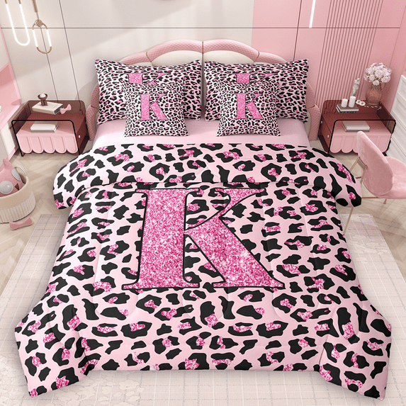 Manfei Girls Pink Leopard Print Bedding Comforter Set 7 Pieces, Glitter Personalized Letter K Queen Bedding Sets, Cheetah Print Monogrammed Queen Sheet Sets, Breathable Home Decor