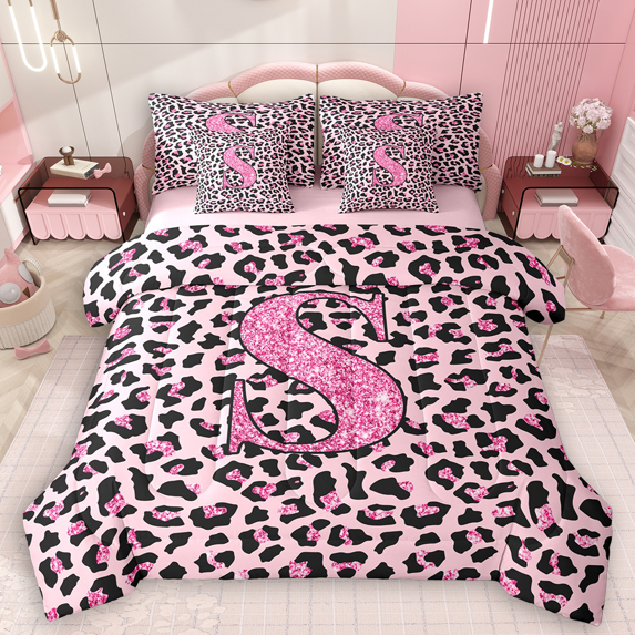 Manfei Girls Pink Leopard Print Bedding Comforter Set 7 Pieces, Glitter Personalized Letter S Queen Bedding Sets, Cheetah Print Monogrammed Queen Sheet Sets, Luxury Bedroom Decor