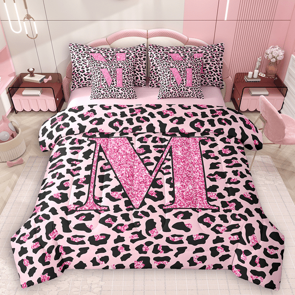 Manfei Girls Pink Leopard Print Bedding Comforter Set 7pcs, Glitter Personalized Letter M King Bedding Sets, Cheetah Print Monogrammed Bed Sheets, Luxury Bedroom Decor