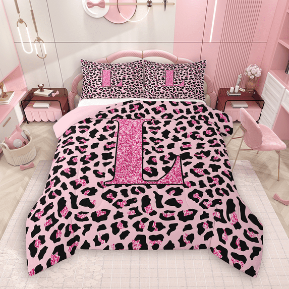 Manfei Girls Pink Leopard Print Full Size Comforter Sets 3-Piece, Glitter Personalized Letter L Bedding Comforter Set, Cheetah Print Monogrammed Bedding Sets, Lightweight Room Decor