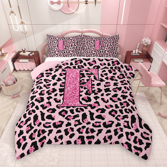Manfei Girls Pink Leopard Print Queen Comforter Set 3 Pieces, Glitter Personalized Letter F Bedding Sets, Cheetah Print Monogrammed Bedding Comforter Set, Lightweight Room Decor