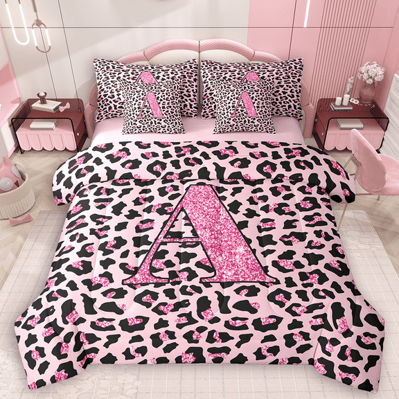 Manfei Girls Pink Leopard Print Twin Bedding Sets 7pcs, Glitter Personalized Letter A Bedding Comforter Set, Cheetah Print Monogrammed Sheet Sets, Luxury Bedroom Decor