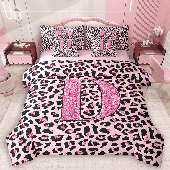 Manfei Girls Pink Leopard Print Twin Bedding Sets 7pcs, Glitter Personalized Letter D Bedding Comforter Set, Cheetah Print Monogrammed Sheet Sets, Microfiber Bedroom Decor