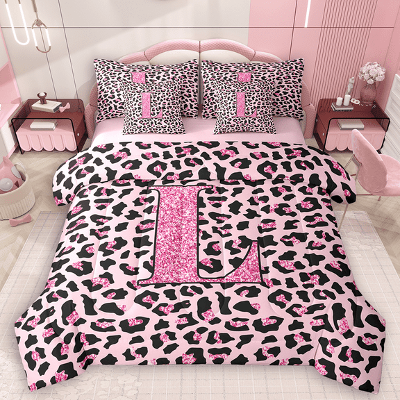 Manfei Girls Pink Leopard Print Twin Bedding Sets 7pcs, Glitter Personalized Letter L Bedding Comforter Set, Cheetah Print Monogrammed Sheet Sets, Lightweight Room Decor