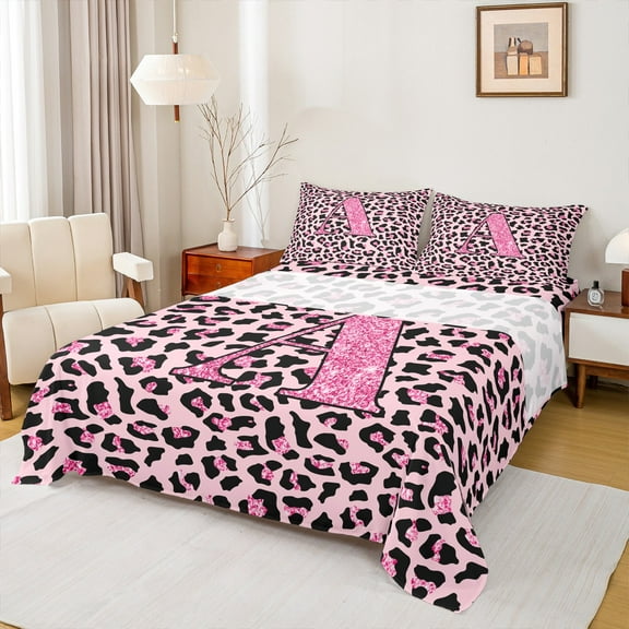 Manfei Girls Pink Leopard Print Twin Sheet Sets 3pcs, Glitter Personalized Letter A Twin Fitted Sheet, Cheetah Print Monogrammed Flat Sheet, Luxury Bedroom Decor