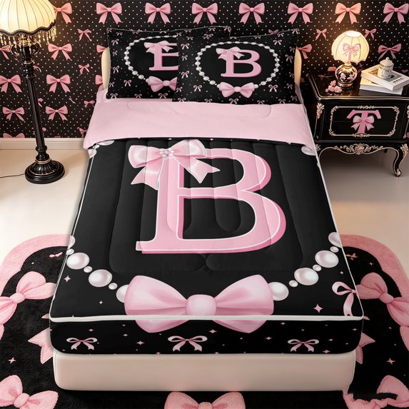 Manfei Girls Pink Letter B Zipper Twin Comforter Sets with Fitted Sheet and 2 Pillowcases,Ribbon Bow Knot Pearl Print Zipper Bedding Set,4-Piece,Pink Reversible