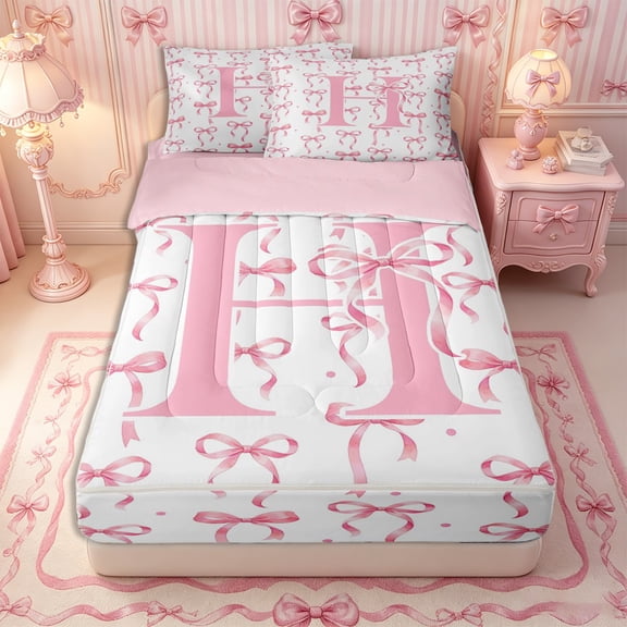 Manfei Girls Pink Letter H Zipper Twin Comforter Sets with Fitted Sheet and 2 Pillowcases,Ribbon Bow Knot Polka Dots Zipper Bedding Set,4-Piece,Reversible