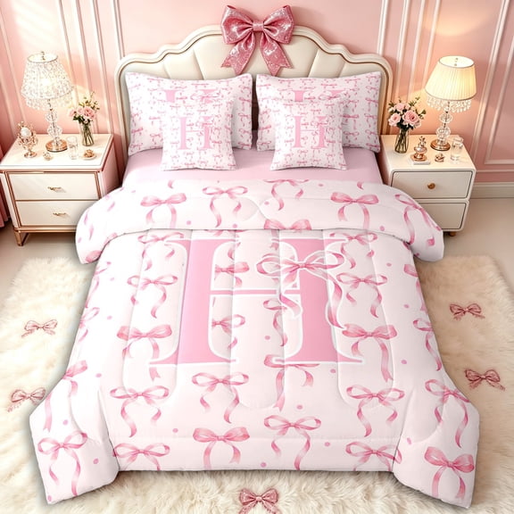 Manfei Girls Pink Letter Monogrammed H Bedding Comforter Set 7pcs,Kids Teens Polka Dots Ribbon Bow Knot Queen Bedding Sets,Pink Reversible,Luxury Bedroom Decor