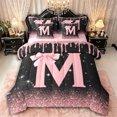 thumbnail image 1 of Manfei Girls Pink Letter Monogrammed M Bedding Comforter Set 7-Piece,Kids Teens Ribbon Bow Knot Glitter Print King Bedding Sets,Pink Reversible,Breathable Home Decor, 1 of 6