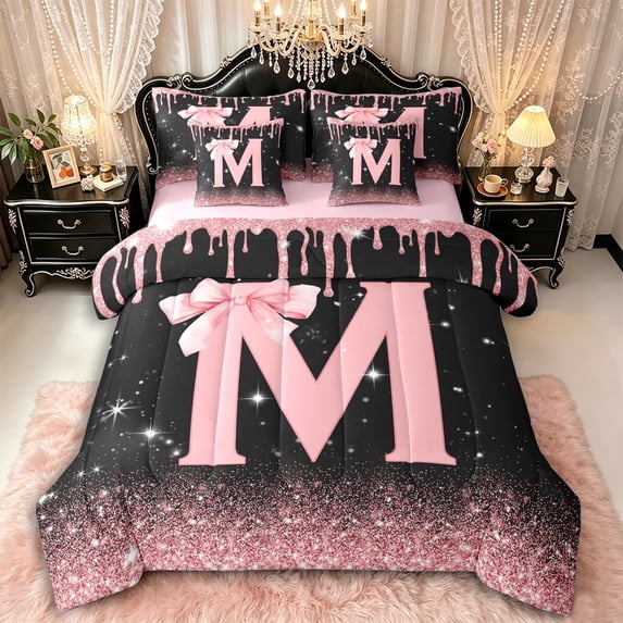 Manfei Girls Pink Letter Monogrammed M Bedding Comforter Set 7-Piece,Kids Teens Ribbon Bow Knot Glitter Print King Bedding Sets,Pink Reversible,Breathable Home Decor