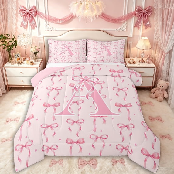 Manfei Girls Pink Letter Monogrammed A Queen Comforter Set 3pcs,Kids Teens Polka Dots Ribbon Bow Knot Bedding Comforter Set,Pink Reversible,Breathable Home Decor