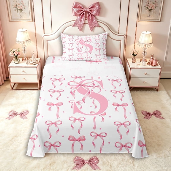 Manfei Girls Pink Letter Monogrammed S Twin Sheet Sets 3pcs,Kids Teens Ribbon Bow Knot Polka Dots Bedding,Luxury Bedroom Decor