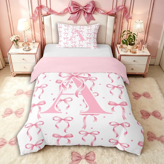 Manfei Girls Pink Letter Monogrammed A Twin Bedding,Kids Teens Ribbon Bow Knot Polka Dots Duvet Cover Set,Pink Reversible,Super Cozy Room Decor,2pcs,No Comforter
