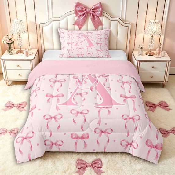 Manfei Girls Pink Letter Monogrammed A Twin Comforter Sets 3-Piece,Kids Teens Polka Dots Ribbon Bow Knot Bedding Set,Pink Reversible,Breathable Home Decor