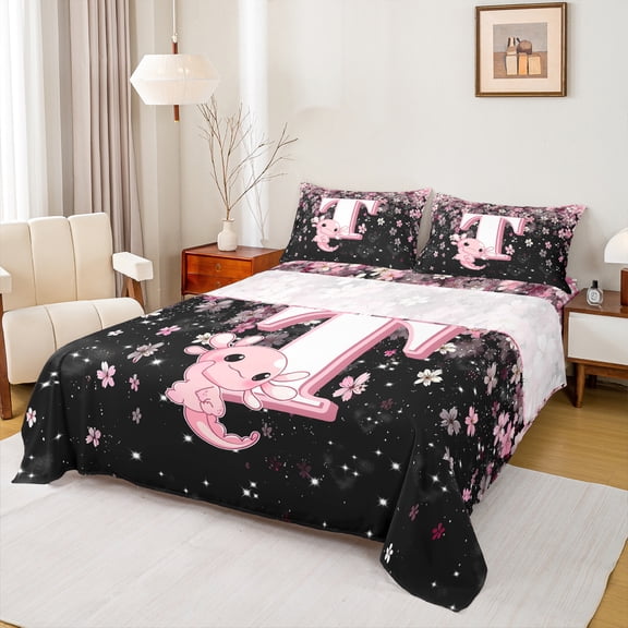 Manfei Girls Pink Monogrammed Bed Sheets 4pcs, Personalized Letter T King Sheets, Kawaii Axolotl Cherry Blossoms Sheet Set, Microfiber Bedroom Decor