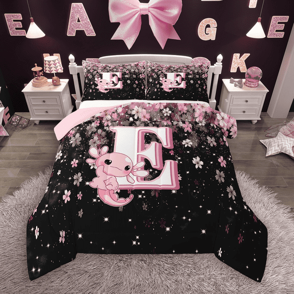Manfei Girls Pink Monogrammed Bedding Comforter Set 2pcs, Personalized Letter E Twin Comforter Sets, Kawaii Axolotl Cherry Blossoms Bedding Set, Luxury Bedroom Decor