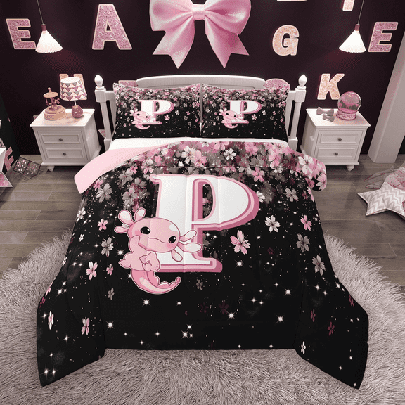 Manfei Girls Pink Monogrammed Bedding Comforter Set 2pcs, Personalized Letter P Twin Comforter Sets, Kawaii Axolotl Cherry Blossoms Bedding Set, Lightweight Room Decor