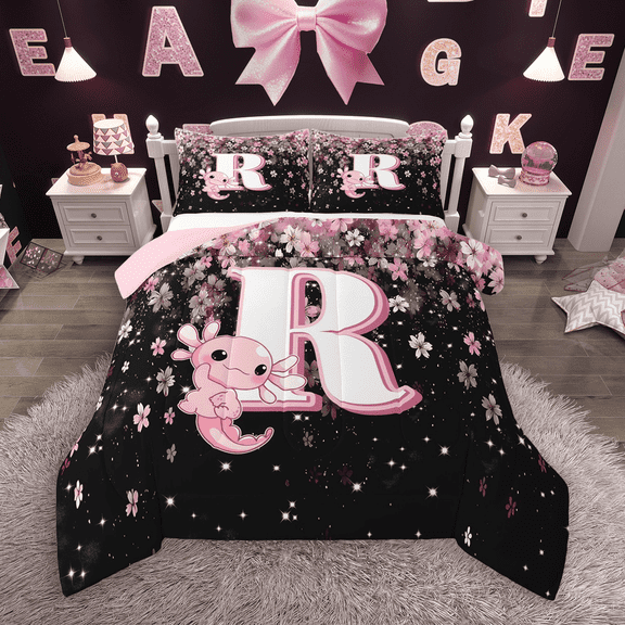 Manfei Girls Pink Monogrammed Bedding Comforter Set 2pcs, Personalized Letter R Twin Comforter Sets, Kawaii Axolotl Cherry Blossoms Bedding Set, Ultra Soft Home Decor