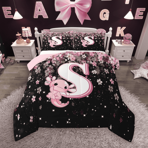 Manfei Girls Pink Monogrammed Bedding Comforter Set 2pcs, Personalized Letter S Twin Comforter Sets, Kawaii Axolotl Cherry Blossoms Bedding Set, Super Cozy Room Decor