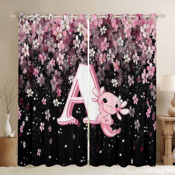 Manfei Girls Pink Monogrammed Black Out Curtains, Personalized Letter A Curtains Pack of 2 (42x63 Each), Kawaii Axolotl Cherry Blossoms Bedroom Curtains, Luxurious Room Decor