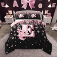 thumbnail image 1 of Manfei Girls Pink Monogrammed Queen Comforter Set 3 Pieces, Personalized Letter E Bedding Sets, Kawaii Axolotl Cherry Blossoms Bedding Comforter Set, Luxury Bedroom Decor, 1 of 8