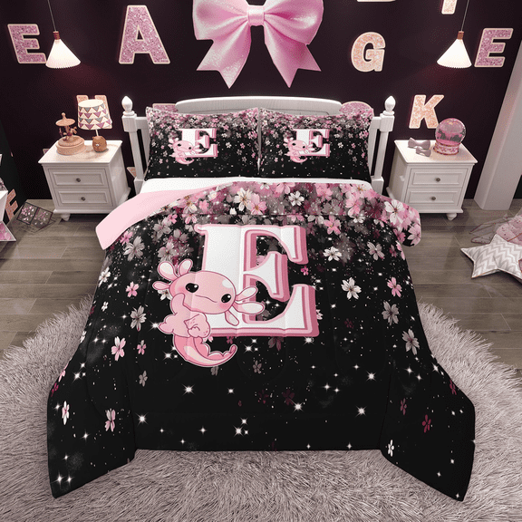 Manfei Girls Pink Monogrammed Queen Comforter Set 3 Pieces, Personalized Letter E Bedding Sets, Kawaii Axolotl Cherry Blossoms Bedding Comforter Set, Luxury Bedroom Decor