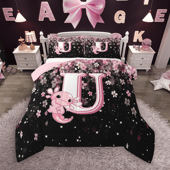 Manfei Girls Pink Monogrammed Queen Comforter Set 3 Pieces, Personalized Letter U Bedding Sets, Kawaii Axolotl Cherry Blossoms Bedding Comforter Set, Breathable Home Decor