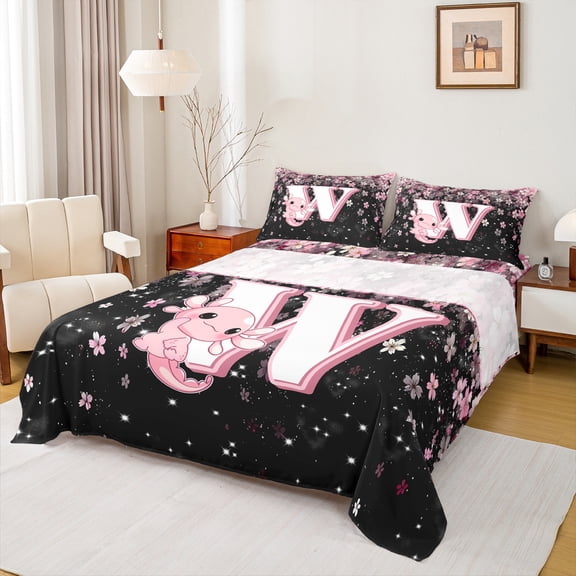 Manfei Pink Monogrammed 4-Piece Queen Sheet Set - Initial W/Axolotl Cherry Blossoms