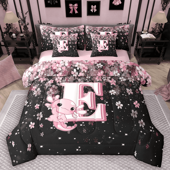 Manfei Girls Pink Monogrammed Twin Bedding Sets 7pcs, Personalized Letter E Bedding Comforter Set, Kawaii Axolotl Cherry Blossoms Sheet Sets, Luxury Bedroom Decor