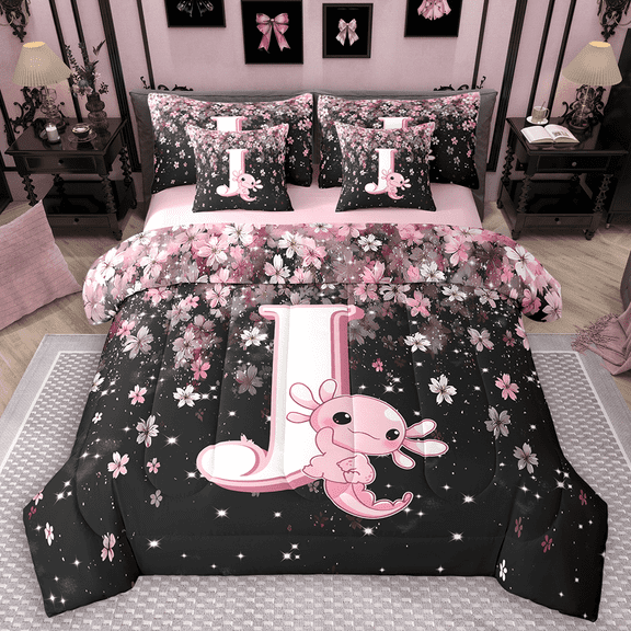 Manfei Girls Pink Monogrammed Twin Bedding Sets 7pcs, Personalized Letter J Bedding Comforter Set, Kawaii Axolotl Cherry Blossoms Sheet Sets, Lightweight Room Decor